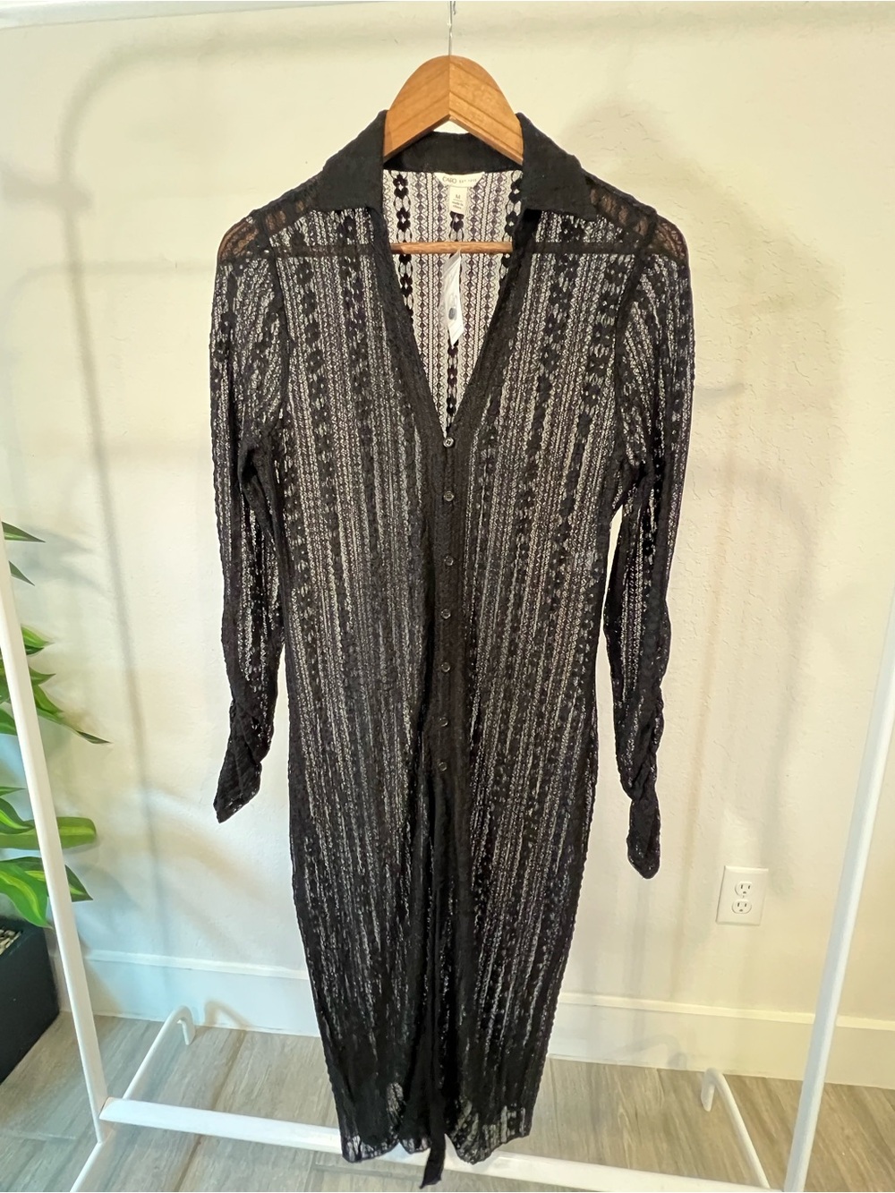 NWT Cato Fashions Black Sheer Lace Long Sleeve Midi Duster Cardigan Size Medium